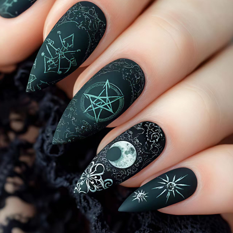 Black Frosted Texture Almond Nails Halloween Moon Totem Fake Nails Finished Wearable Nails Holiday Manicure Wholesale