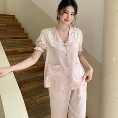 法式新款色丁睡衣女士夏季甜美高级感宽松短袖长裤家居服可外穿