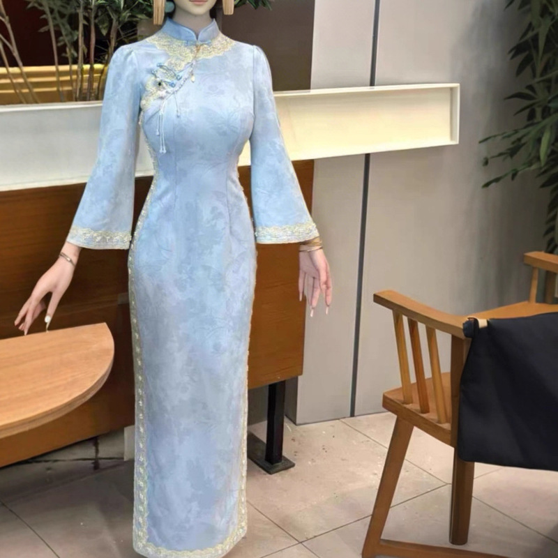 9250 # Homemade Autumn and Winter Gentle Suede High-End Bead Chain Lace Cheongsam