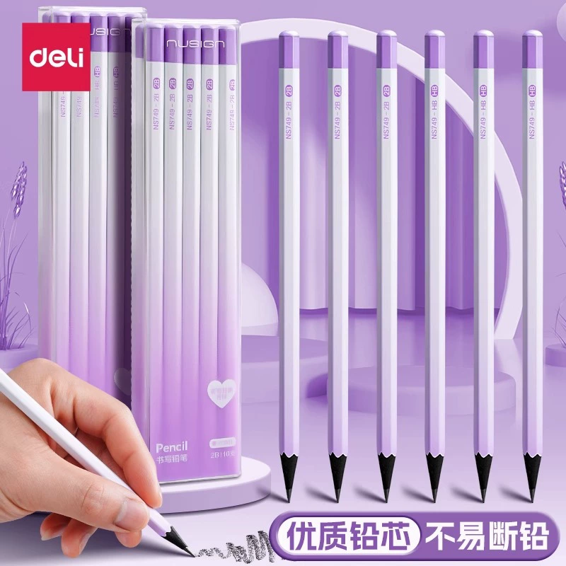Deli NS749 Карандаш из черного дерева с ароматом винограда, шестиугольный стержень, дневной свет, язык, карандаш для экзамена первой и второго класса