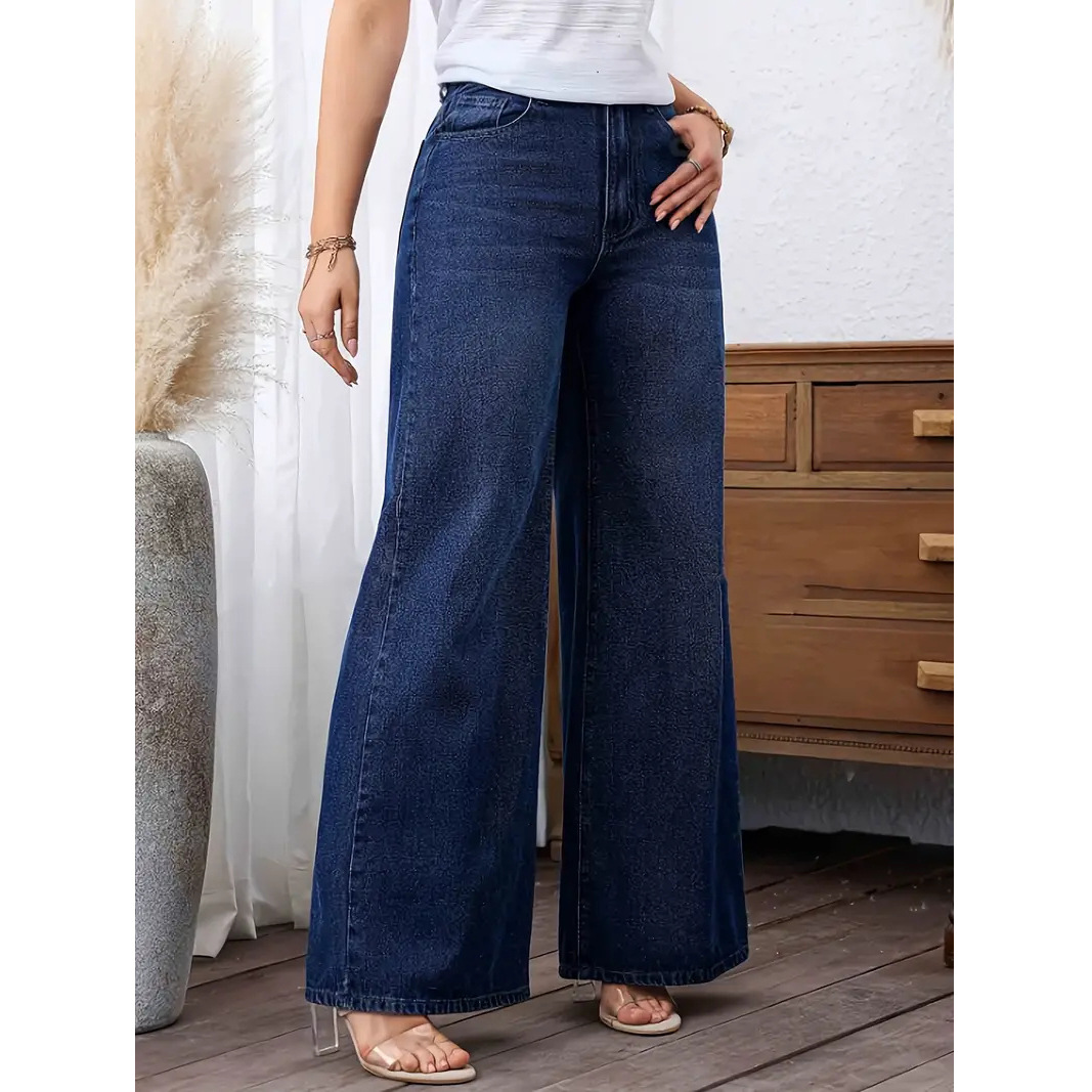 Women's Classic Washed Denim Jeans - Straight Wide Leg Fit, Comfortable Stretch Fabric, Simple & Fashionable Everyday Pants_ecoleips.com