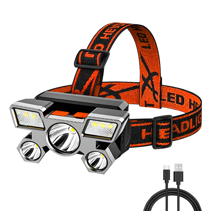Transfronterizos nuevos fuertes cabezales ligeros led cinco cabezas de avión lámpara USB recargable cabeza pequeña linterna al aire libre lámpara de minería