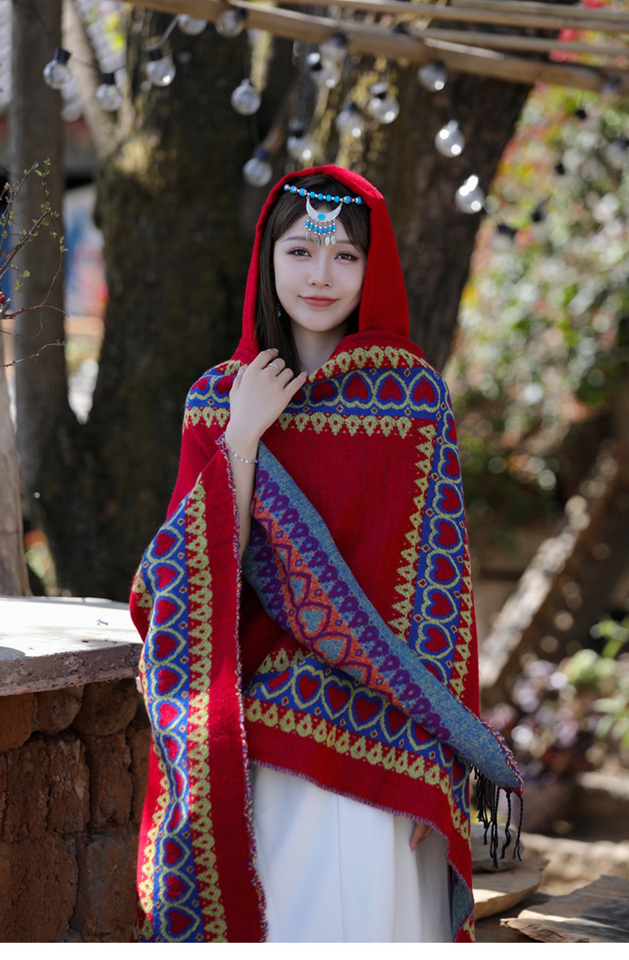 Roter Schal im ethnischen Stil, verdickter warmer Schal, für Frauen, Reisen mit Yunnan Xinjiang Xizang-Umhang mit Kapuze_voghion.com