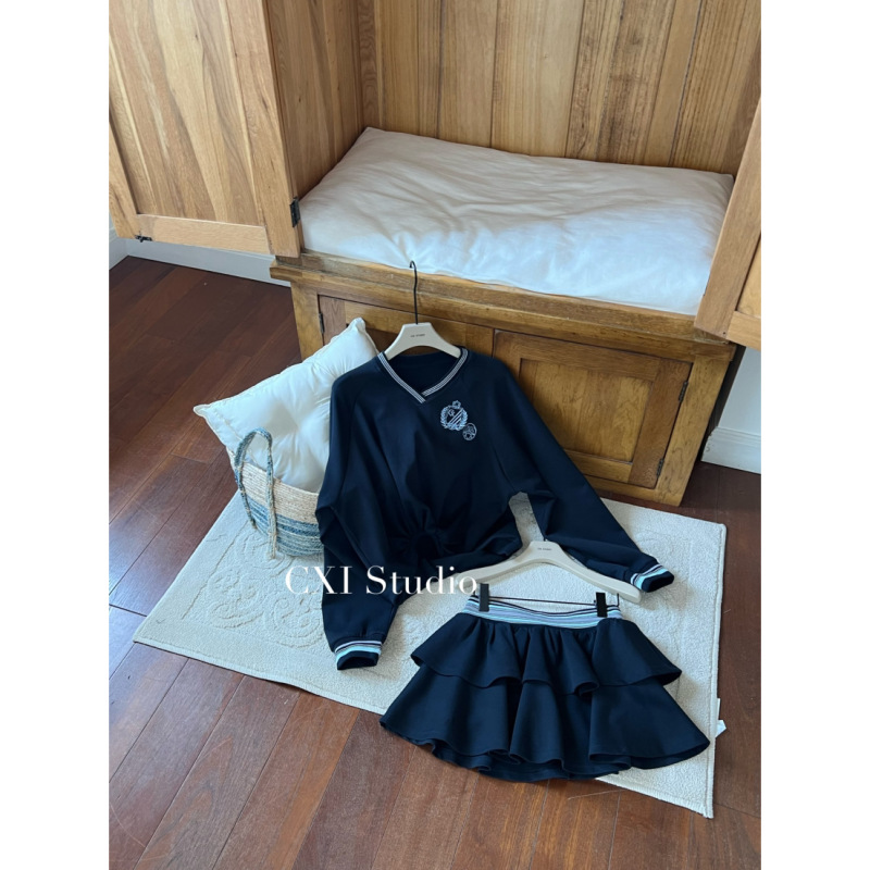 CXI-秋上新美式复古V领拼色miu系套装卫衣+半身裙套装9319|undefined