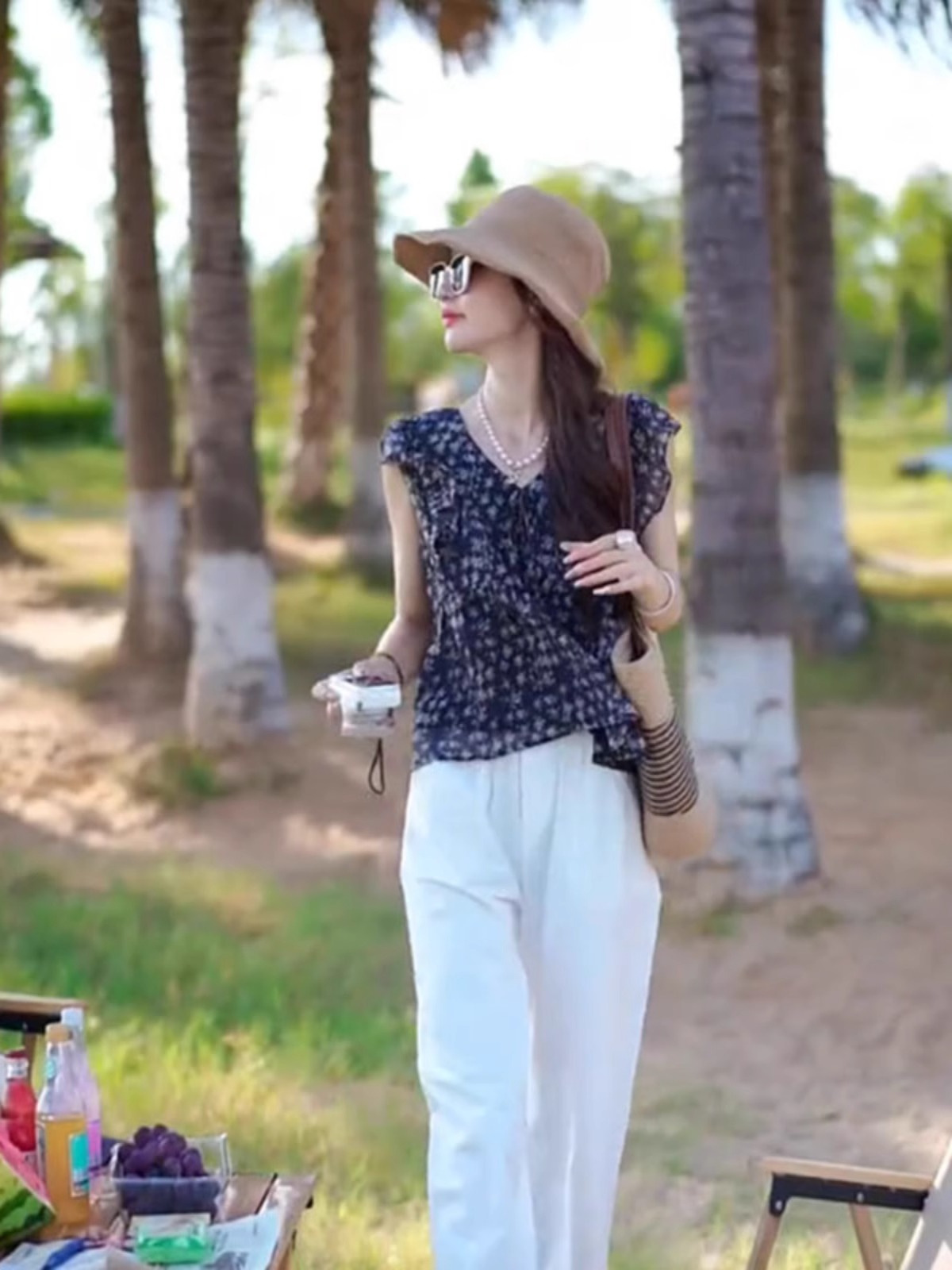 Áo hai dây nữ tay bèo họa tiết hoa nhí chất voan kiểu Pháp — Màu xanh lam nhạt chi tiết 9