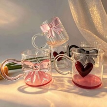 蝴蝶结爱心装饰玻璃马克杯家用高硼硅透明串珠把少女心咖啡果汁杯