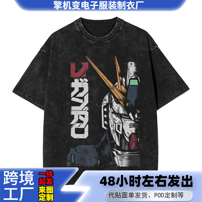 Men's Short-Sleeved T-Shirt Gundam Graphic T-Shirt Summer Fashion Millennium Bug Clothing Casual Women's Retro Washed Cotton