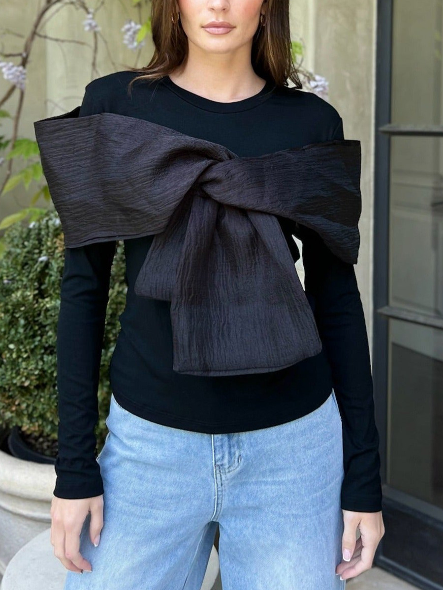 Camiseta de Moda para Mujer, Estilo Influencer, Diseño de Nicho, Otoño 2025, Cuello Redondo, Manga Larga, Lazo Cruzado Único, Color Sólido