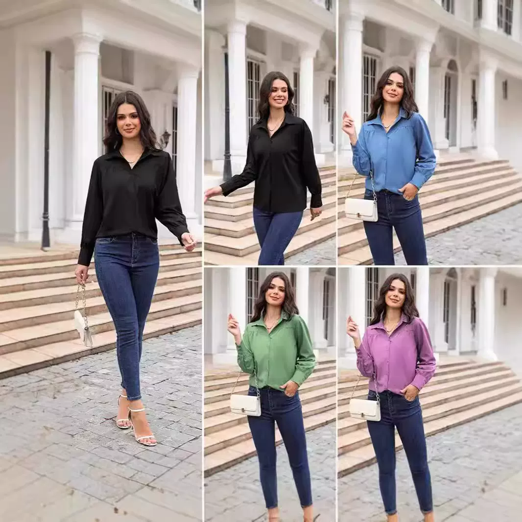 2024欧美跨境wish亚马逊系扣上衣灯笼袖褶皱纯色宽松衬衫长袖女装