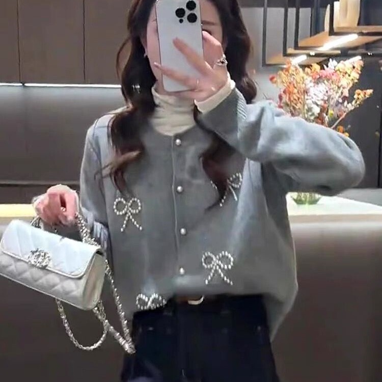 新品亚马逊欧美法式蝴蝶结长袖针织衫女春秋毛衣开衫外套宽松上衣|undefined