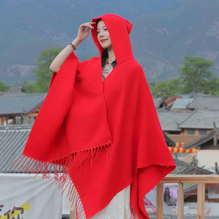 Pure Big Red Outer Shoulder Large Shawl Cape Cloak Men's and Women's Hat One-piece Scarf Yunnan Xinjiang Tourism Photo