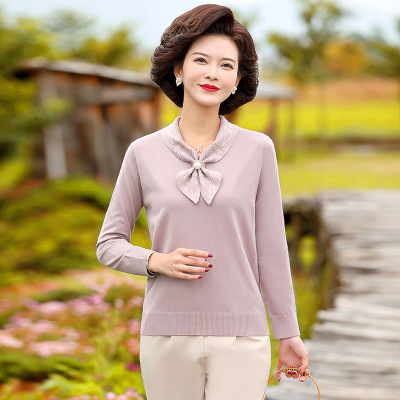 mom spring clothes Western style knitting jacket middle age spring and autumn Noble Primer Blouse Middle and old age Long sleeve T-shirt suit