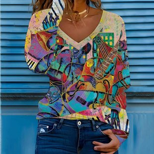 Autumn cross-border T-shirt 3D digital music series printing street fashion V-neck long-sleeved T-shirt top one-piece delivery