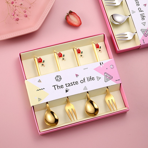 Stainless Steel Red Rose Fork and Spoon Set Gift Box Valentine's Day Gift Gold Spoons Wholesale High-Quality Coffee Spoons