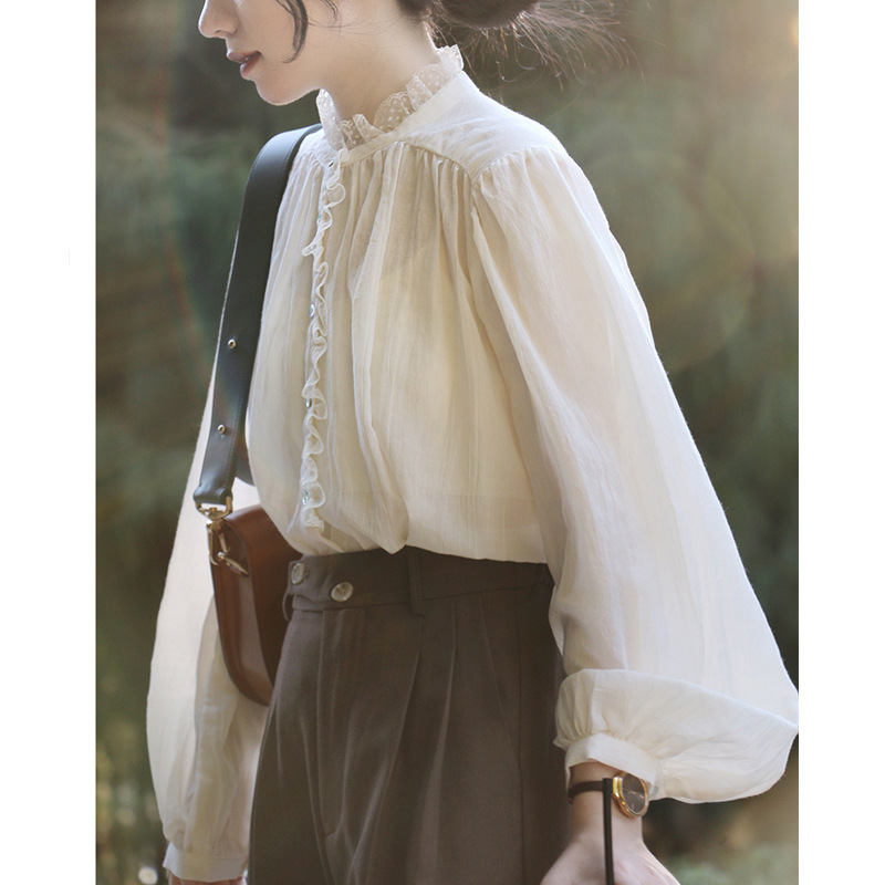 Raamsse | French Retro Lace Collar Light Lantern Sleeve Long-Sleeved Shirt Autumn Tulle Apricot/Black Raamsse | French Retro Lace Collar Light Lantern Sleeve Long-Sleeved Shirt Autumn Tulle Apricot/Black