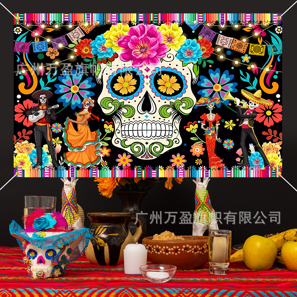 Tela de fondo de Halloween de Amazon Fiesta de vacaciones Escena de calavera grande Accesorios de decoración Día de los muertos Banderas Paño colgante