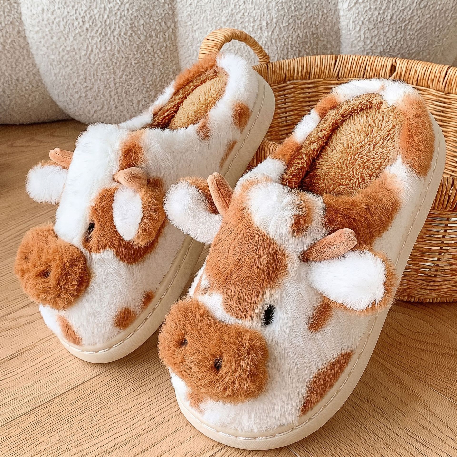 Zapatillas de casa cálidas de invierno, pantuflas de algodón antideslizantes para interiores para hombres y mujeres con cubierta de talón, zapatos de algodón de felpa de vaca pequeña