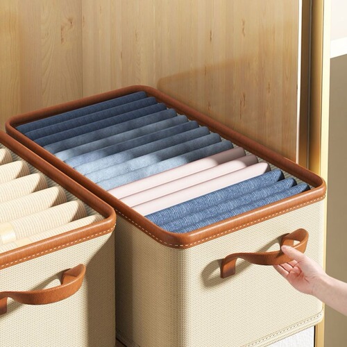 Clothes storage box, home wardrobe layered organizing box for clothes and pants, fabric cotton and linen folding storage basket artifact