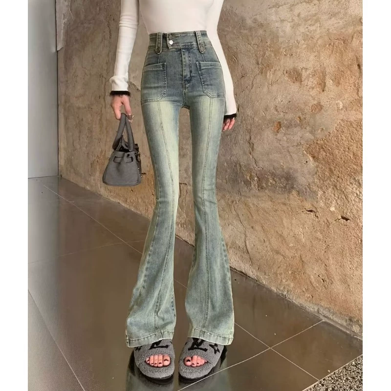Весна и лето Новая мода Элегантные американские ретро Горячие Девушки эластичные похудение Высокая талия расклешенные джинсы для женщин