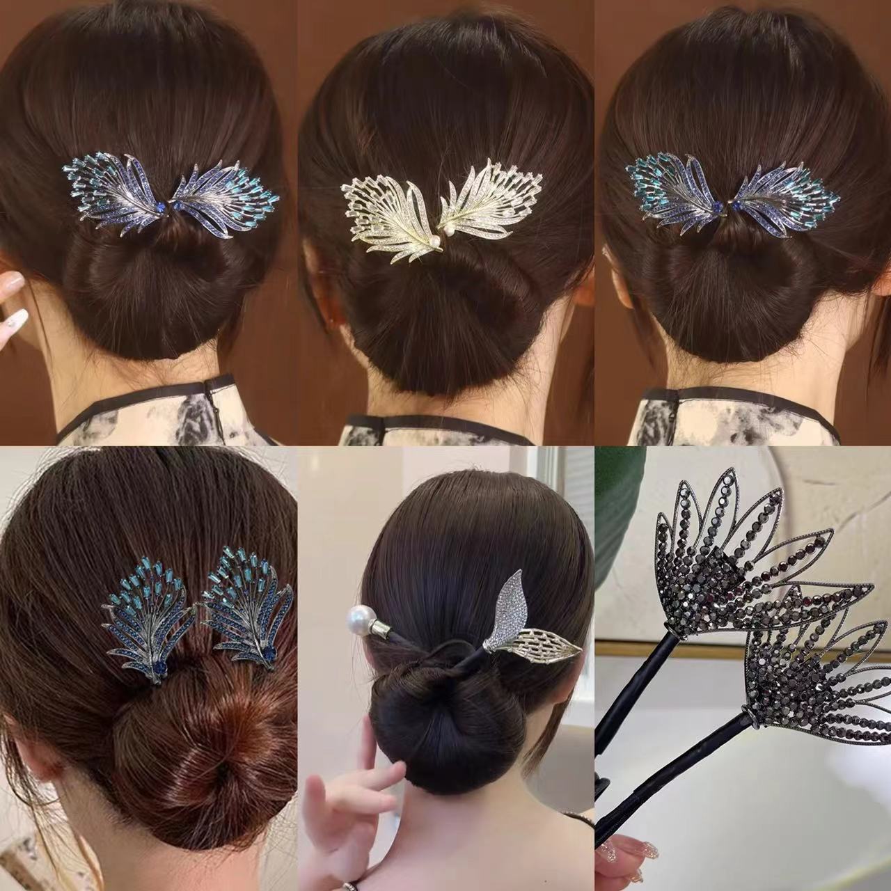 Luxury Water Diamond Feather Twist Clip Lazy Bun Styler Autumn/Winter Bun Rod Round Head Hair Pin Head Accessory