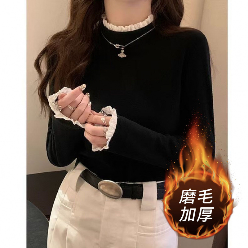 2025秋冬新款双面加绒打底衫半高领蕾丝边内搭木耳边洋气长袖上衣|undefined