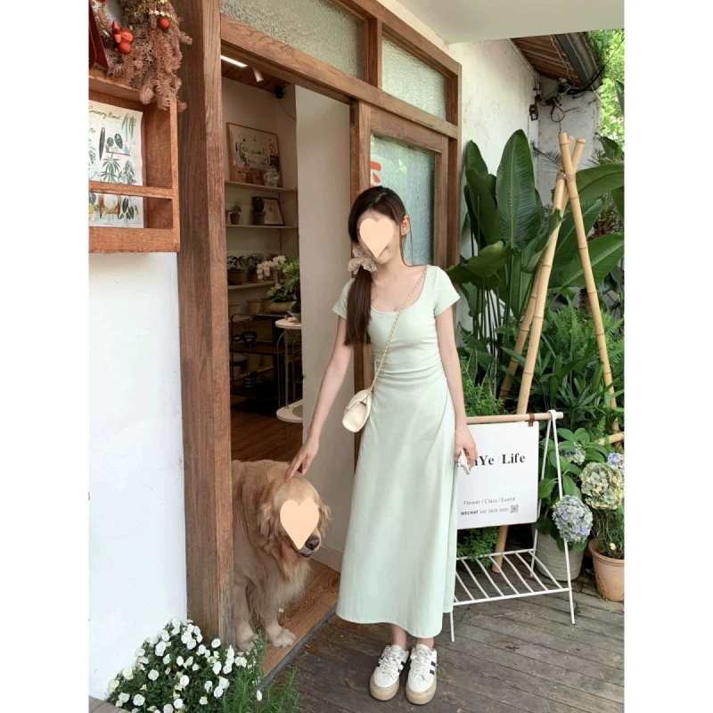 Женское платье с квадратным вырезом в французском стиле, зеленое, лето 2025, новинка, подчеркивающее талию, стройнящее, длинная юбка