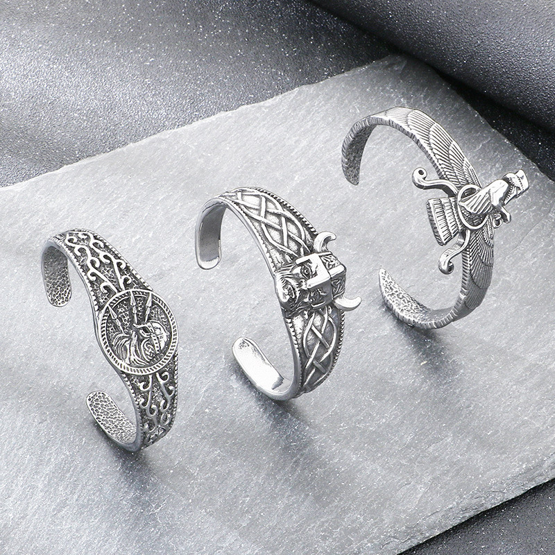 Nordic Viking Celtic Knot Horned Helmet Warrior Jewelry, Vintage Persian Zoroastrian Men's Open Bracelet Nordic Viking Celtic Knot Horned Helmet Warrior Jewelry, Vintage Persian Zoroastrian Men's Open Bracelet