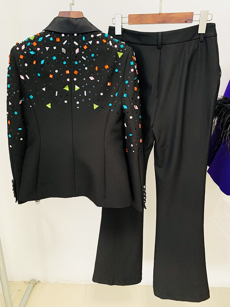 GraceChic In Stock 2025 European American Fashion New Heavy Beaded Colorful Rhinestone Slim Fit Blazer And Flared Pants Two-Piece_voghion.com