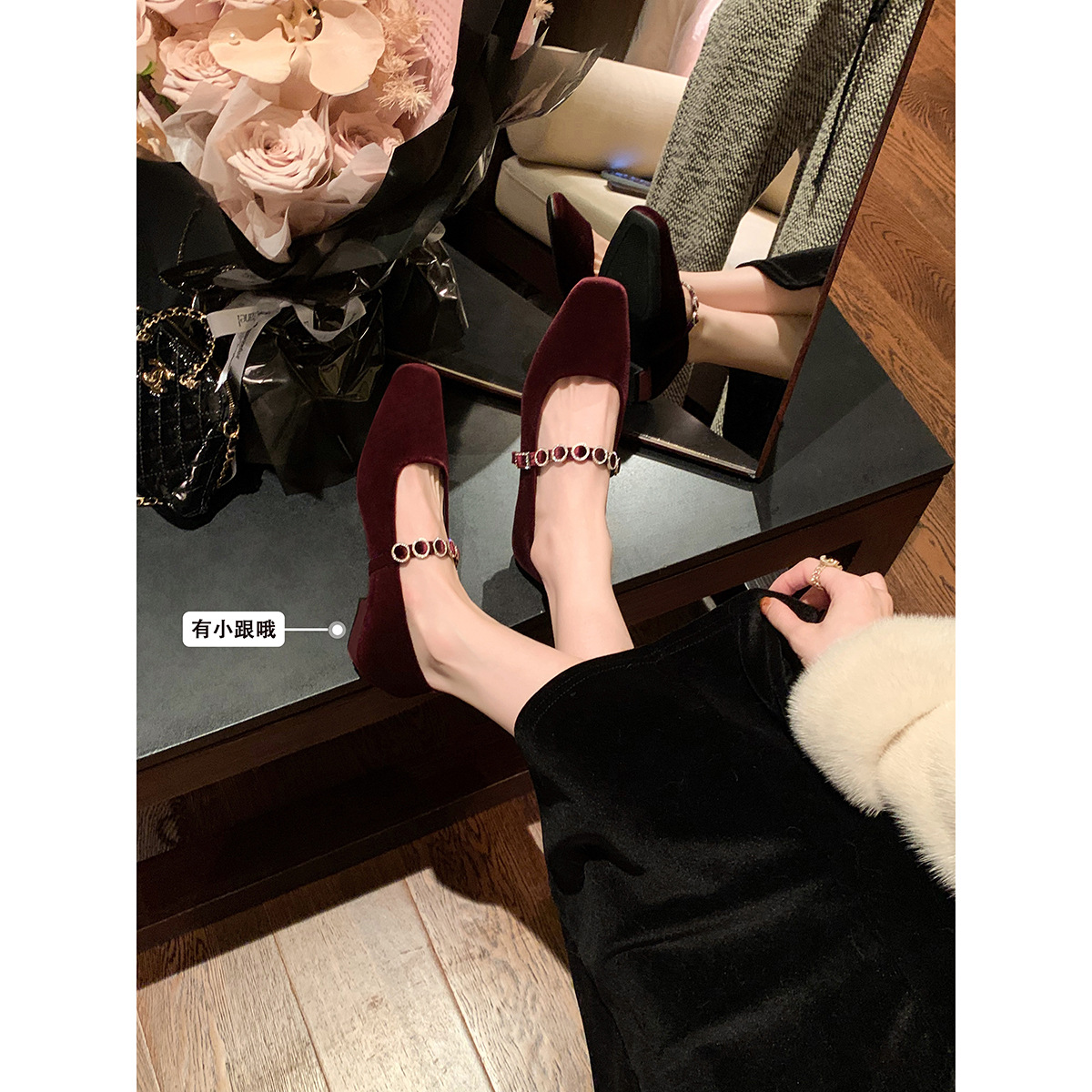 Versión de piel de oveja ~ Grape Madre estilo francés cuadrado superficial tacones altos con tacones bajos zapatos de zapatos Mary Jane para mujeres