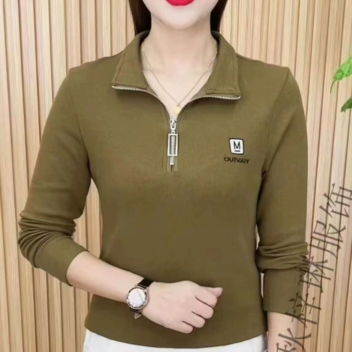 Осенне-зимняя новая модная молния лацкан solid color вышивка темперамент slim и плотная женская одежда больших размеров нижняя часть топ в моде