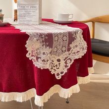 圣诞棉麻质感桌布装饰氛围圆餐茶几面盖布喜庆感流苏台布直销代发