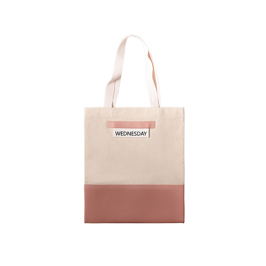 皮革帆布拼接款手提包简约时尚单肩背包女士学生补课手拎包有内兜