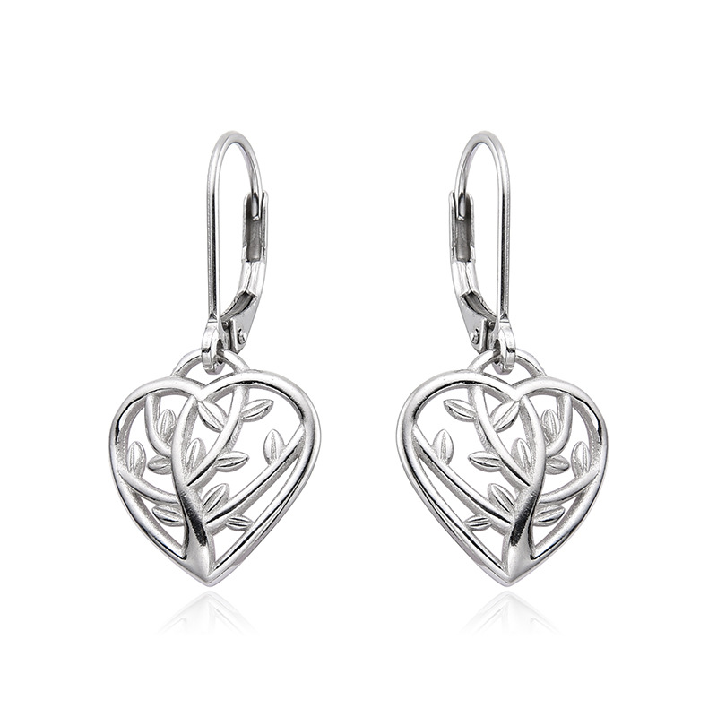 Amazon transfronterizo plata esterlina 925 aretes de árbol de vida hojas de corazón estilo francés pendientes de moda europeos y estadounidenses pendientes de comercio exterior
