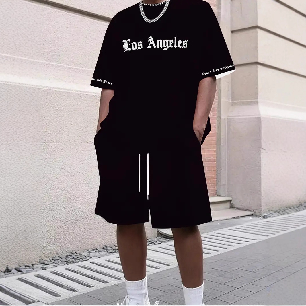 Men's Casual Style T-Shirt Short Sleeve Round Neck Street Style Printed Letter Breathable Summer Soft Set Los Angeles Theme_viptrois.com