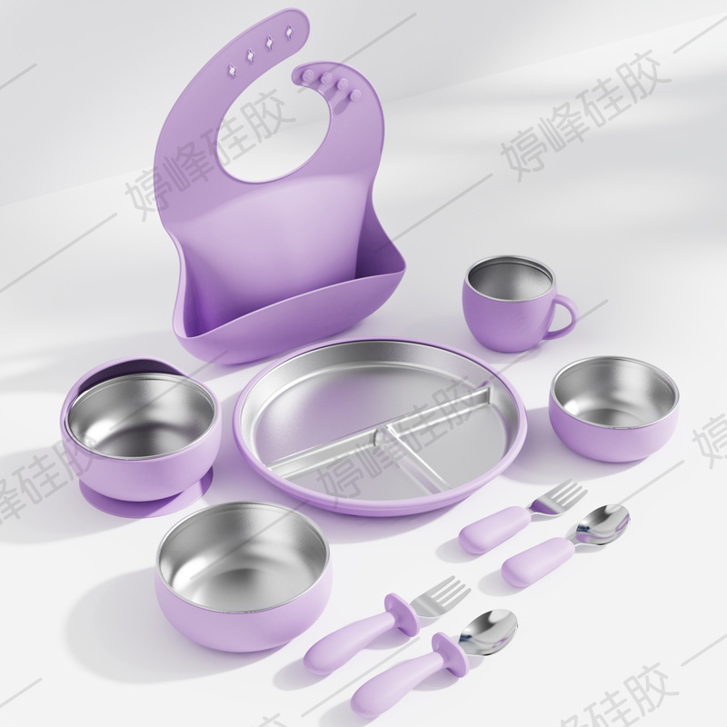 Children's Dinner Plate Stainless Steel Baby Silicone Dinner Plate Set Baby Tableware Set 10-Piece Bib Water Cup Suction Cup Type