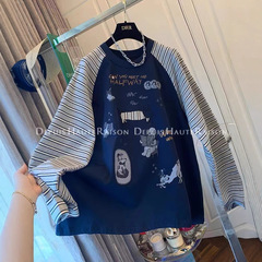 大码240斤刺绣小狗条纹长袖T恤打底衫宽松上衣服女装百搭韩系爆款