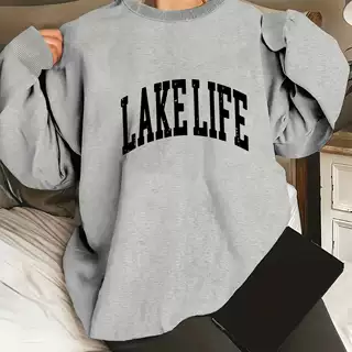 【跨境欧码】秋冬时尚欧美Lake Life湖畔生活印花休闲圆领衫卫衣