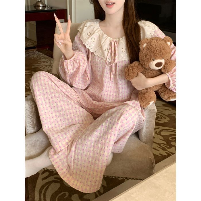 春秋天新款睡衣女长袖宽松慵懒云朵棉家居服花边学生甜美套装跨境|undefined
