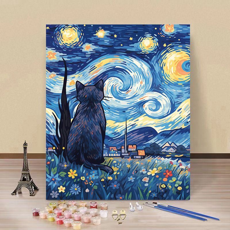 Pintura por números “Gato Estrellado” — arte DIY de fábrica al por mayor, estilo Van Gogh, flores y paisajes hechos a mano