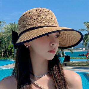 メッシュつばなし帽子 レディース 夏ビーチ用 つば広日よけ帽 透气可調整 