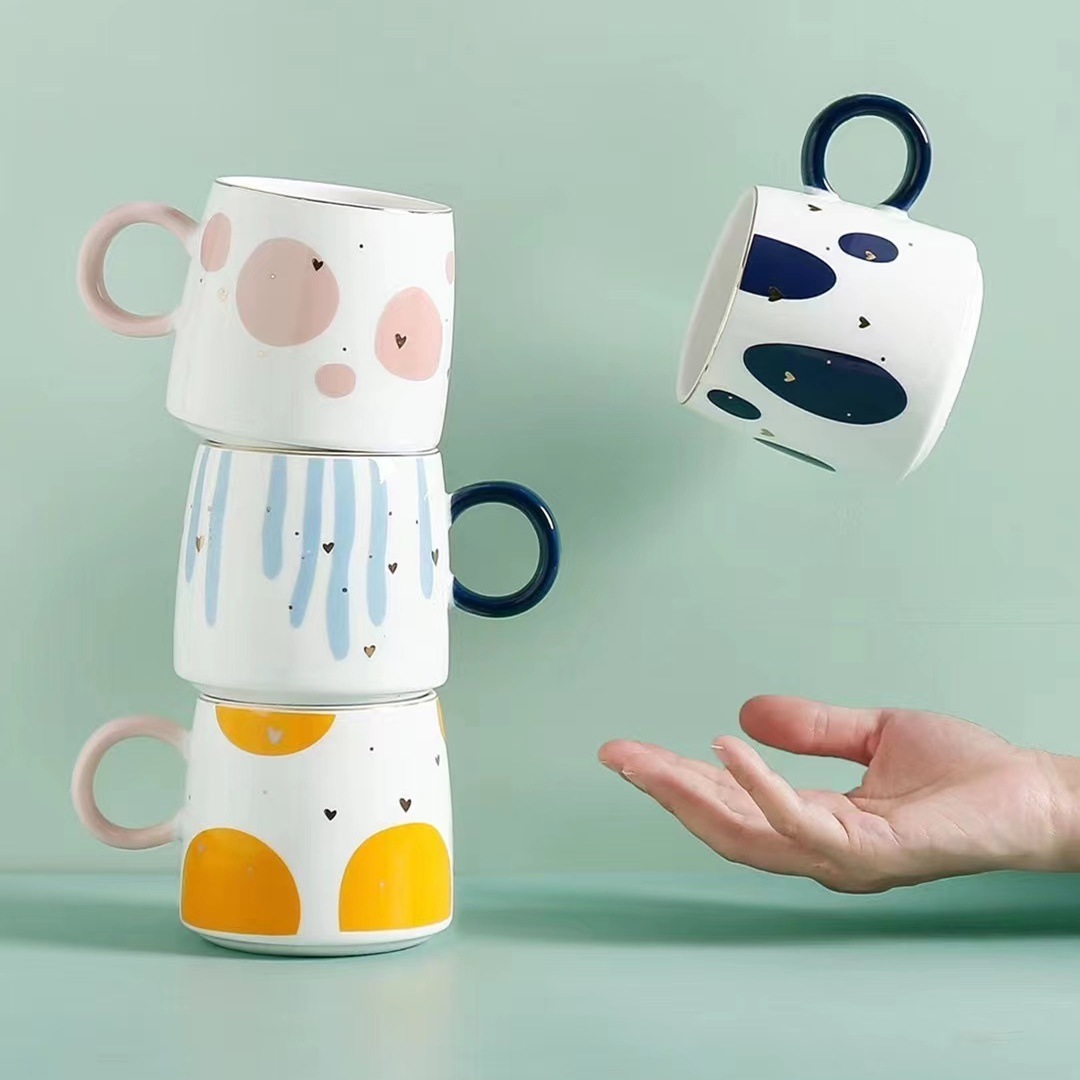 Estilo japonés pintado a mano taza abstracta personalidad simple cerámica oficina pintura oro beber taza con tapa cuchara taza de café