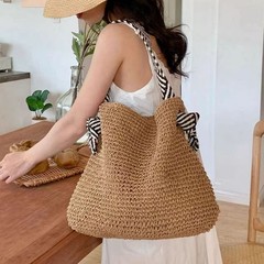 海军风小众草编包女夏2024百搭度假编织包慵懒风单肩通勤托特包
