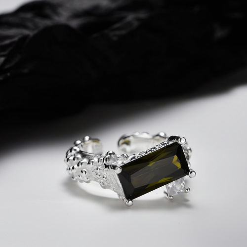 J1230 Korean version light luxury S925 sterling silver bead texture ring women's ins style open olive emerald index finger ring