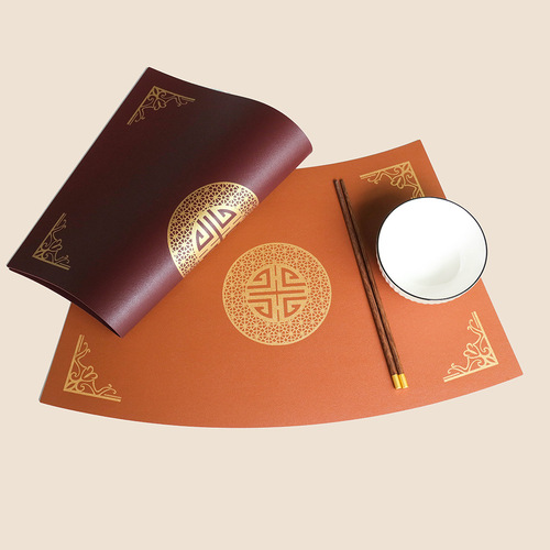 New Chinese Style Fan-Shaped Leather PVC Dining Mat Waterproof Oil-Proof Shou Character Restaurant Round Table Dining Pad High Temperature Resistant Heat Insulating Pad