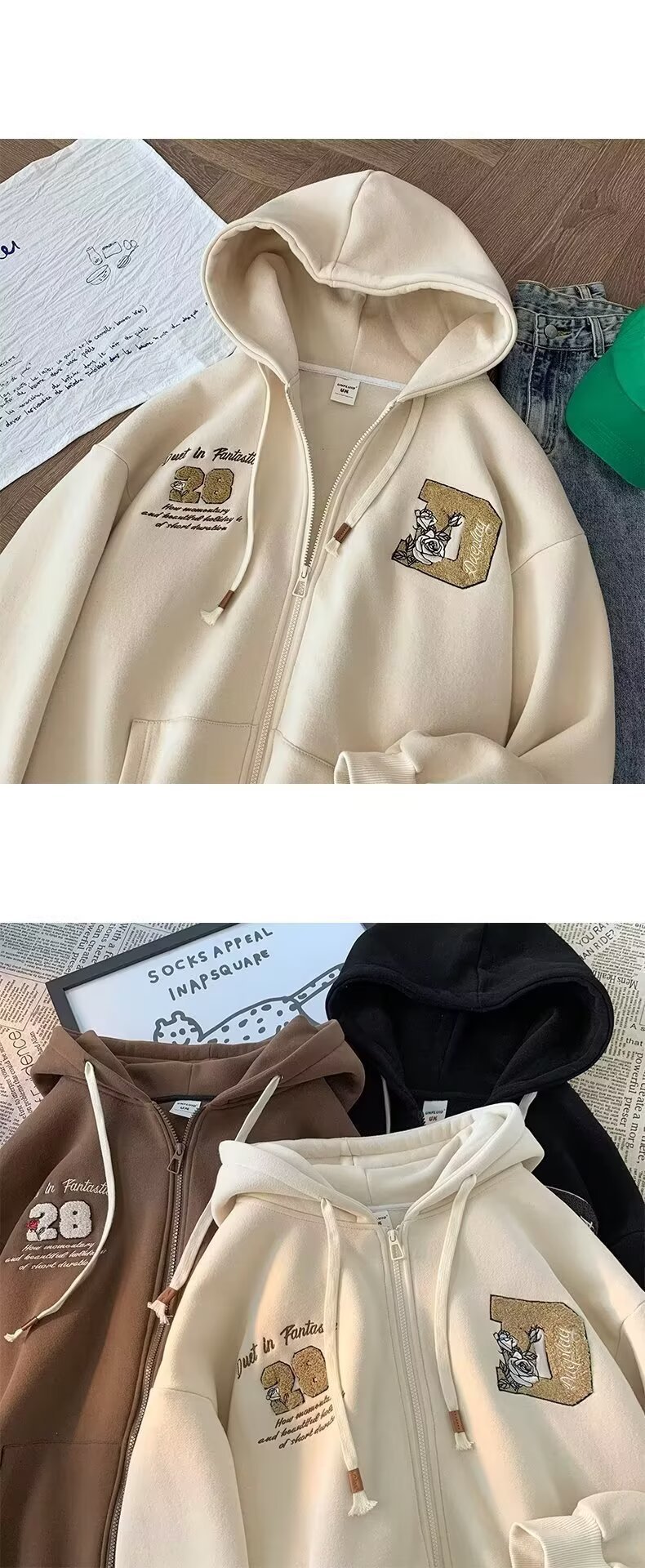 Felpa con cappuccio e cerniera retrò – Felpa unisex oversize con grafica anime (beige/marrone/nero, S-3XL)_voghion.com