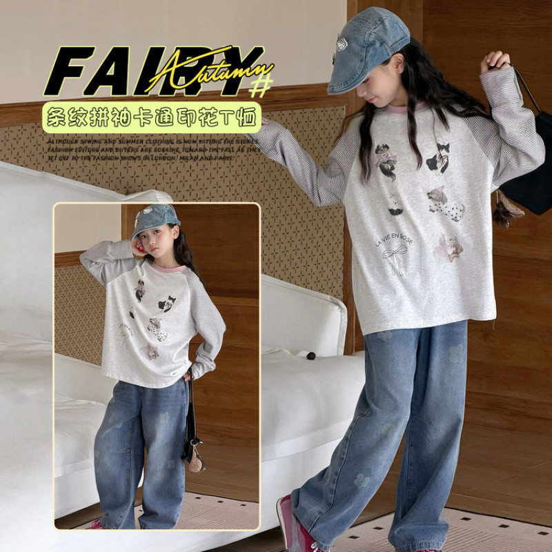 Zhili children's clothing girls' long-sleeved T-shirt, spring and autumn 2026 new style, patchwork round neck top for medium and large children, Korean style cartoon print