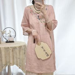 新中国風改良チャイナドレス春夏綿レトロ刺繍禅意茶服中袖ワンピース女