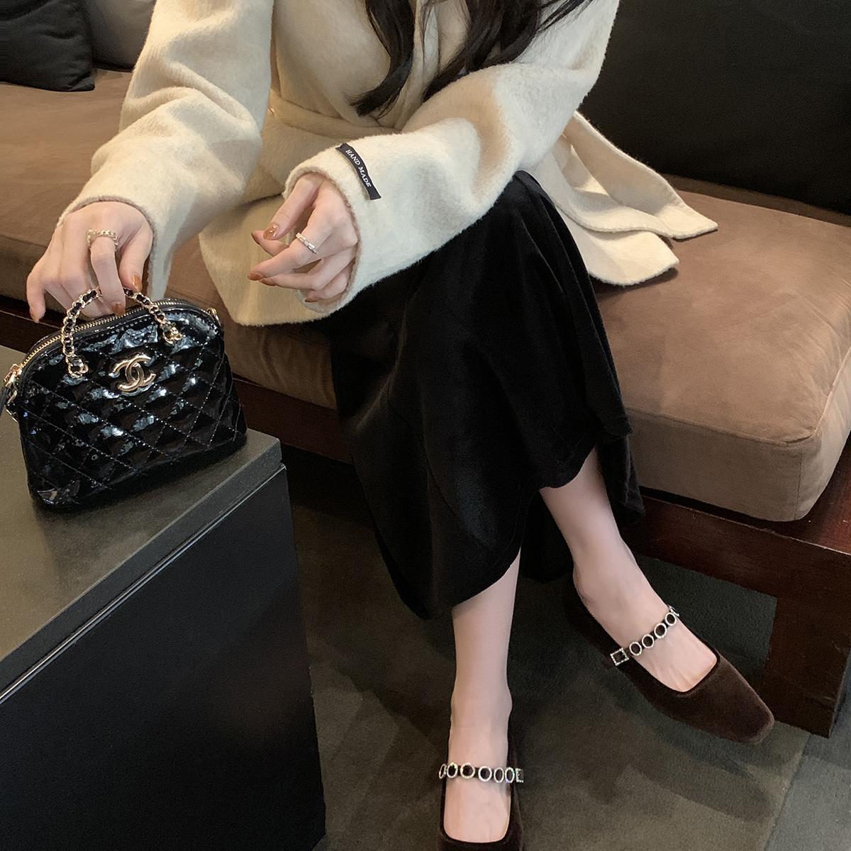 Versión de piel de oveja ~ Grape Madre estilo francés cuadrado superficial tacones altos con tacones bajos zapatos de zapatos Mary Jane para mujeres
