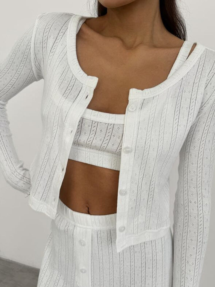 Bộ đồ ngủ nữ 3 món áo cardigan dài tay quần dài họa tiết jacquard — Màu be, Màu hồng chi tiết 60
