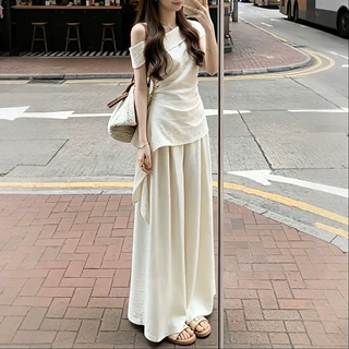 夏季绝美套装韩系慵懒松弛不规则飘带斜肩上衣高腰阔腿裤两件套女